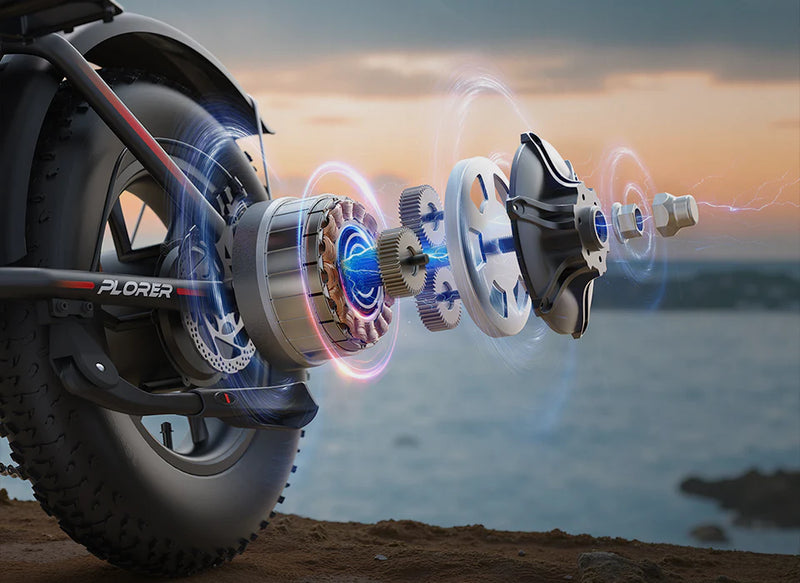 A close-up of an electric bike’s rear wheel with an exploded view of the motor components, showing gears and coils with dynamic glowing effects, set against a blurred outdoor background at sunset.