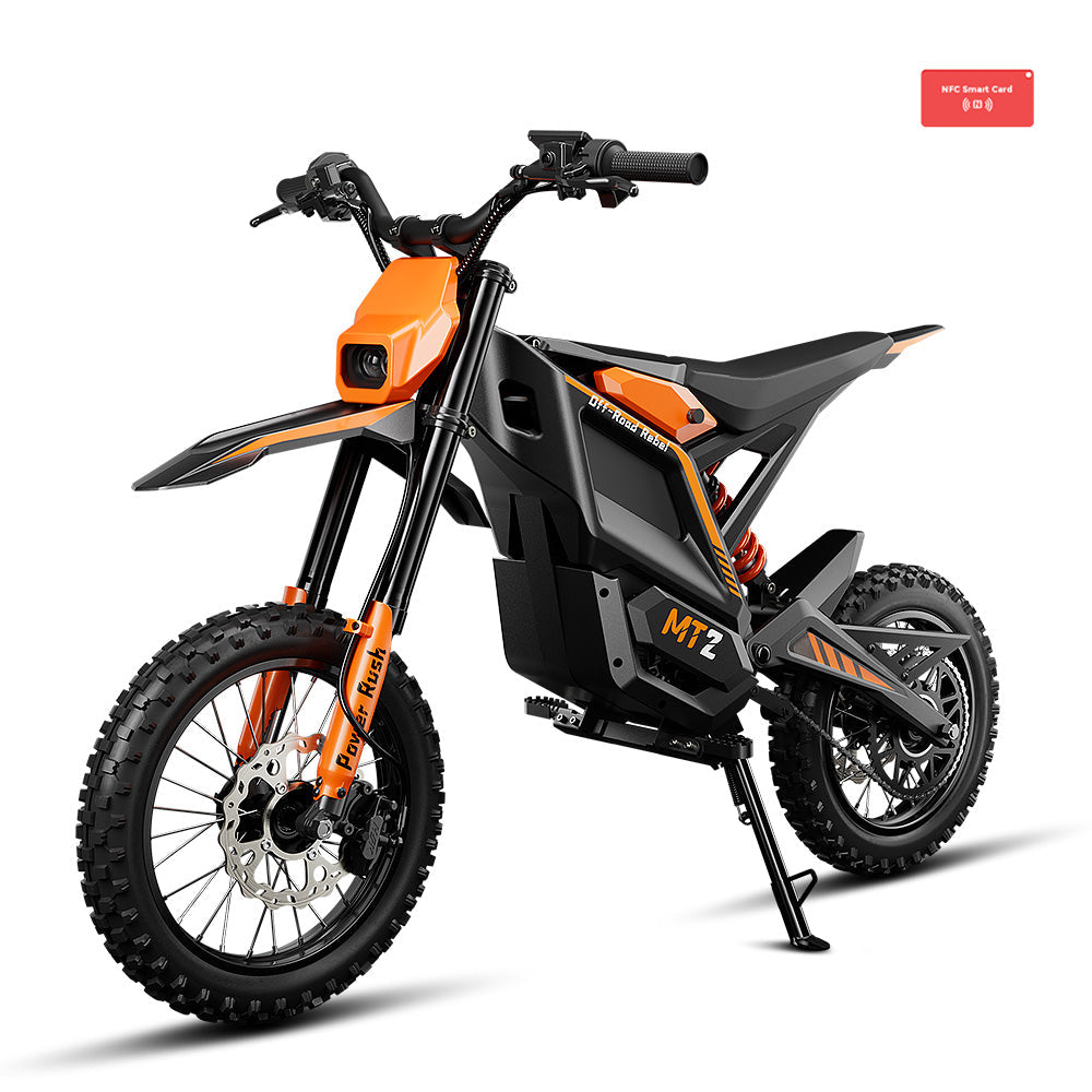 iScooter MT2 electric dirt bike orange and black studio image with NFC smart card