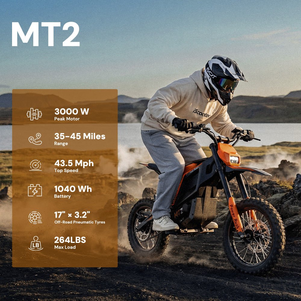 iScooter MT2 electric dirt bike riding image with key specifications