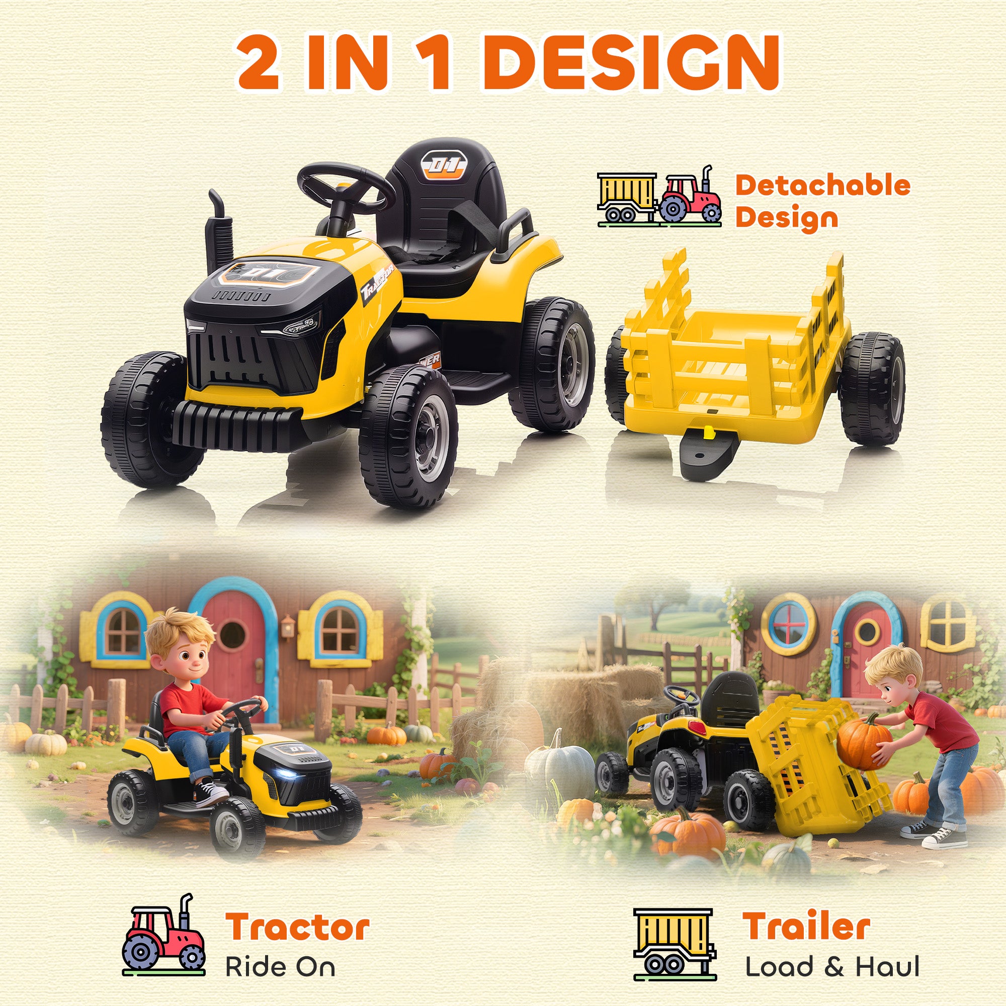 AIYAPLAY 12V Kids Ride-On Tractor with Trailer