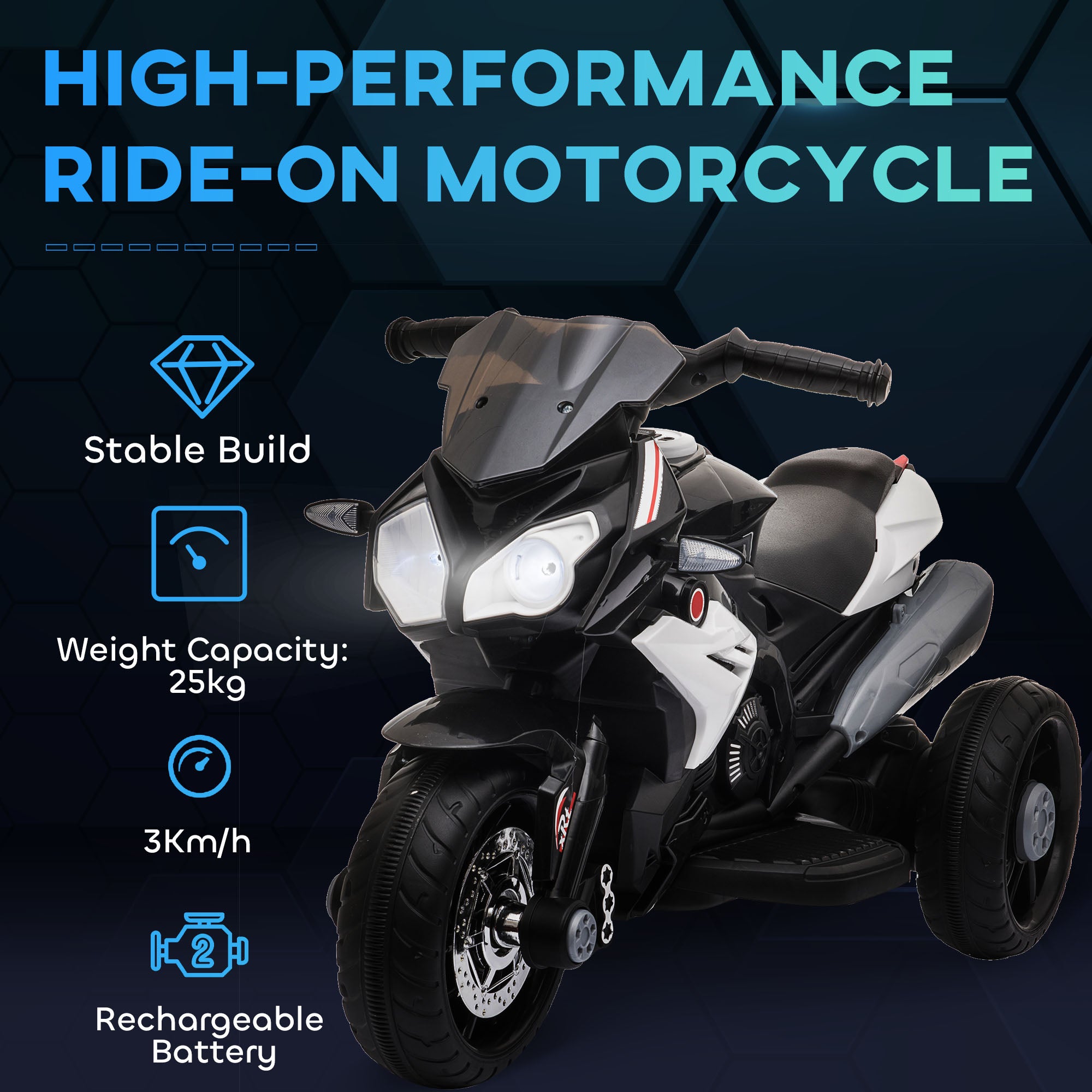 HOMCOM Kids Three-Wheel Electric Motorbike - Black