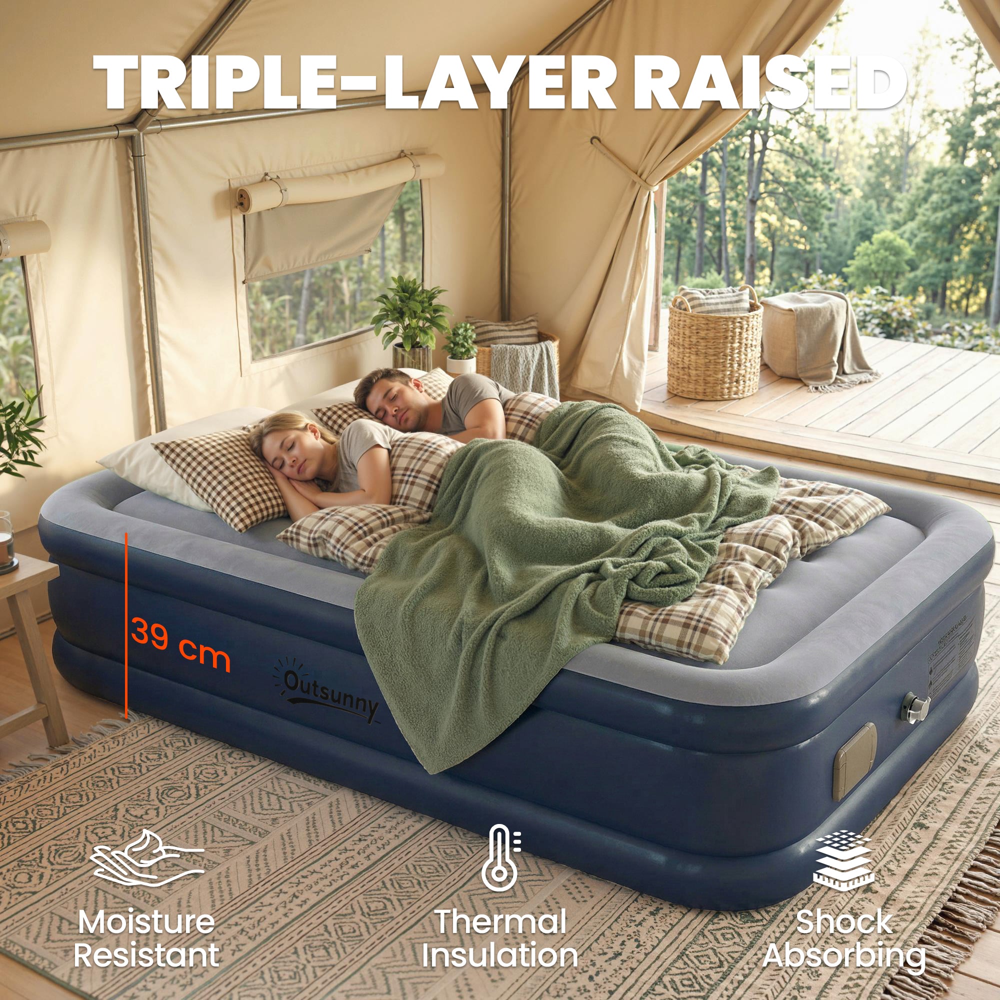 Outsunny Inflatable Mattress, Double Air Bed with Built-in Electric Pump, 3 Mins Inflation, Flocked Surface - Grey