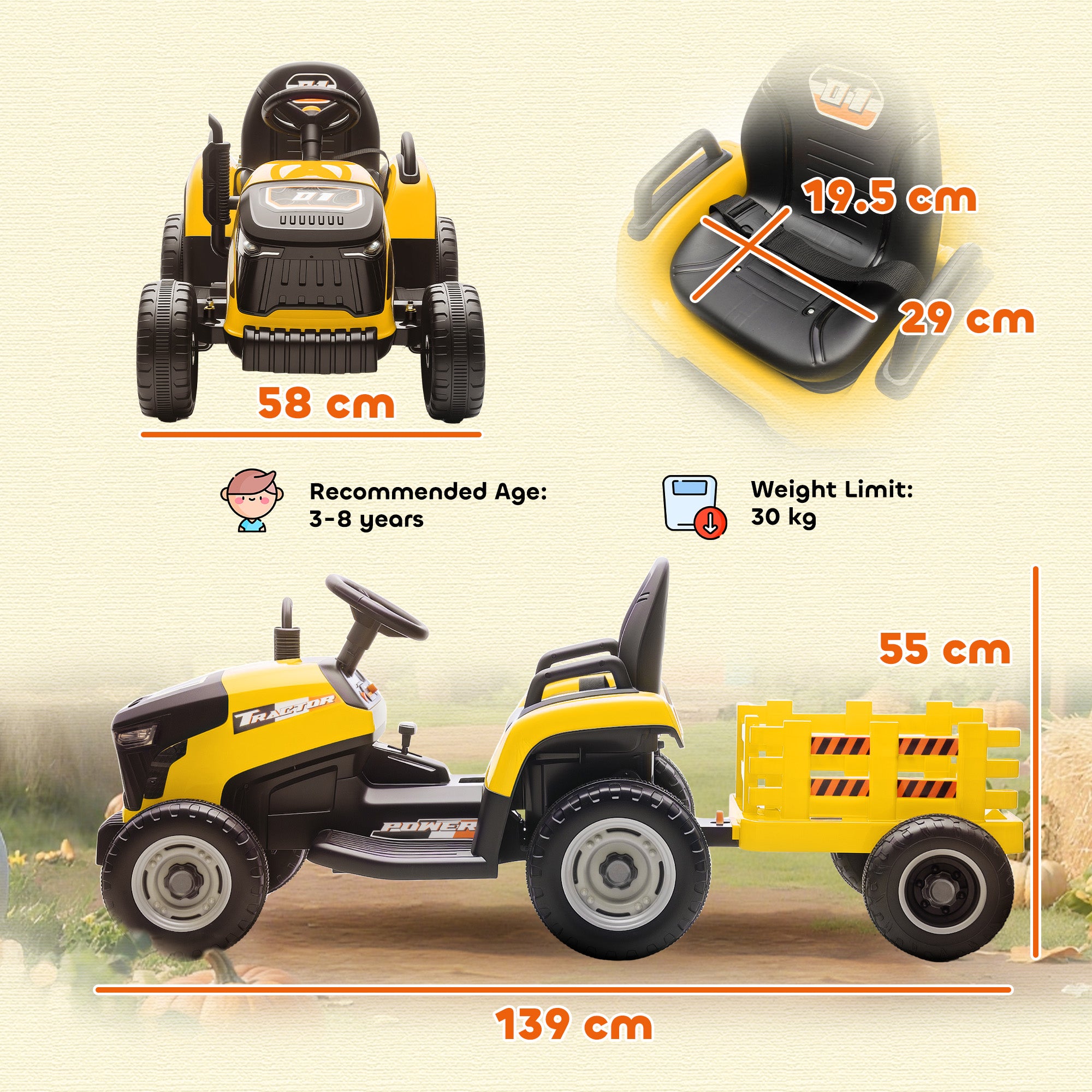 AIYAPLAY 12V Kids Ride-On Tractor with Trailer