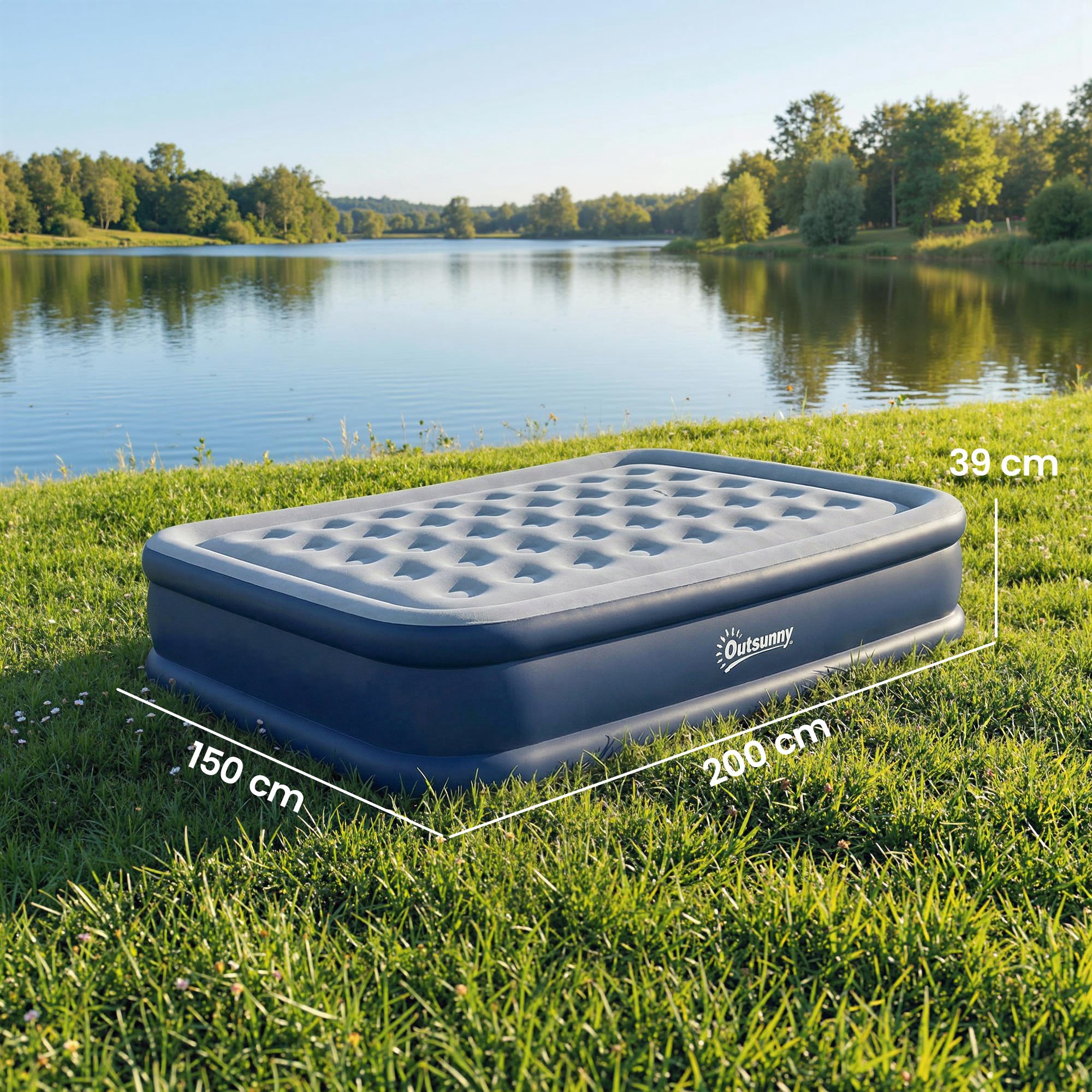 Outsunny Inflatable Mattress, Double Air Bed with Built-in Electric Pump, 3 Mins Inflation, Flocked Surface - Grey