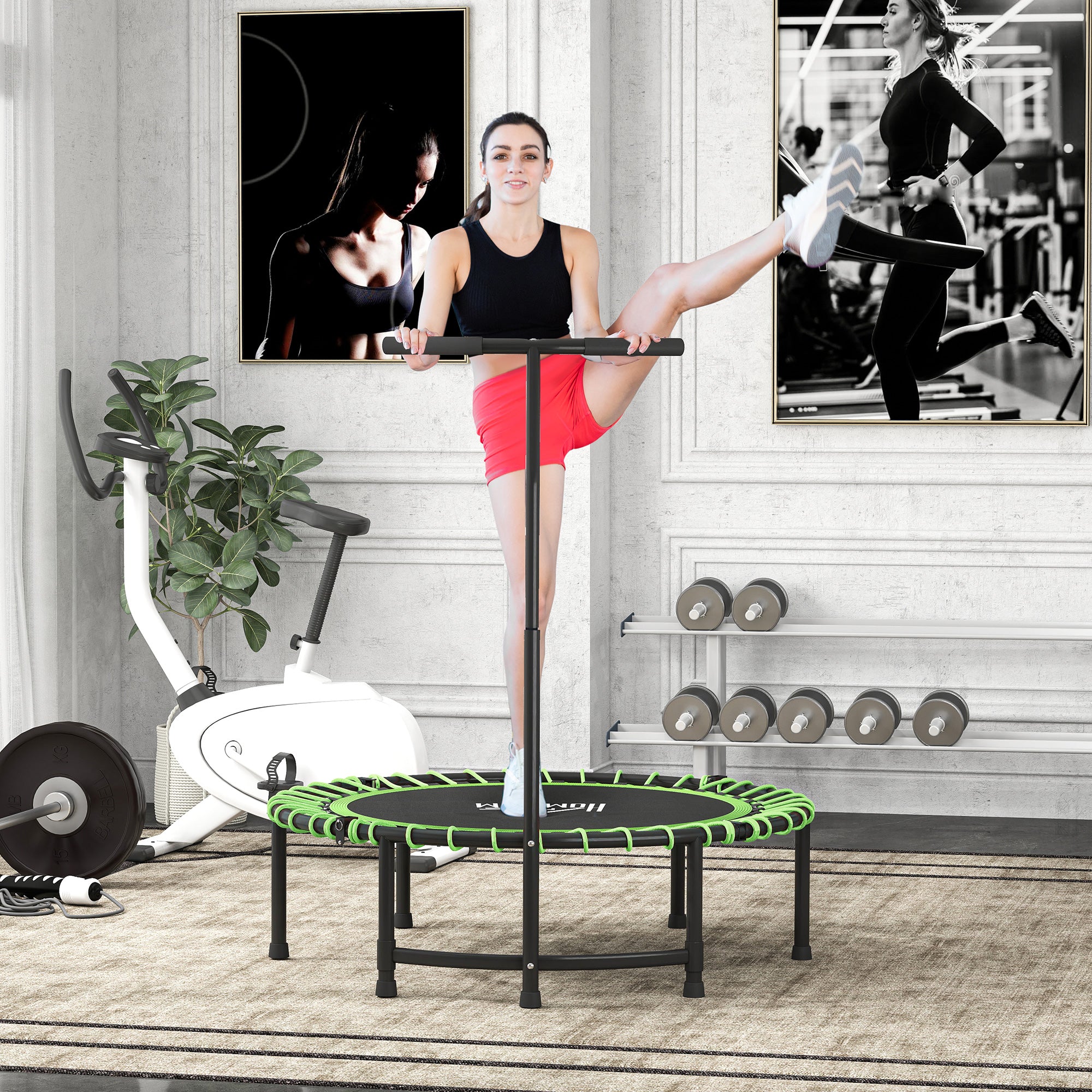 HOMCOM Mini Round Trampoline with Adjustable Handle - Green