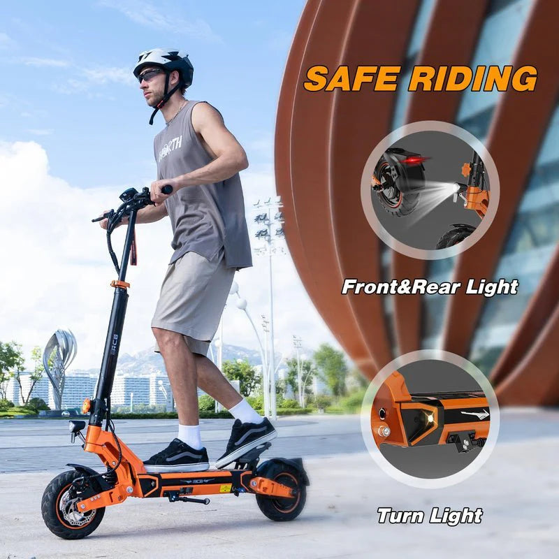 A man wearing a helmet rides an orange electric scooter outdoors. The image highlights the scooters safety features: front and rear lights, and turn lights. The background shows modern architecture and green landscaping.