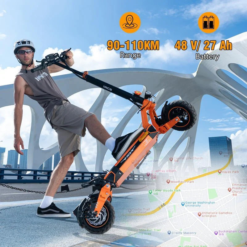 A man in a helmet and sunglasses rides a bright orange electric scooter on a modern bridge, lifting the front wheel. Overlay text highlights a 90–110 km range and a 48V/27Ah battery. A cityscape appears in the background.