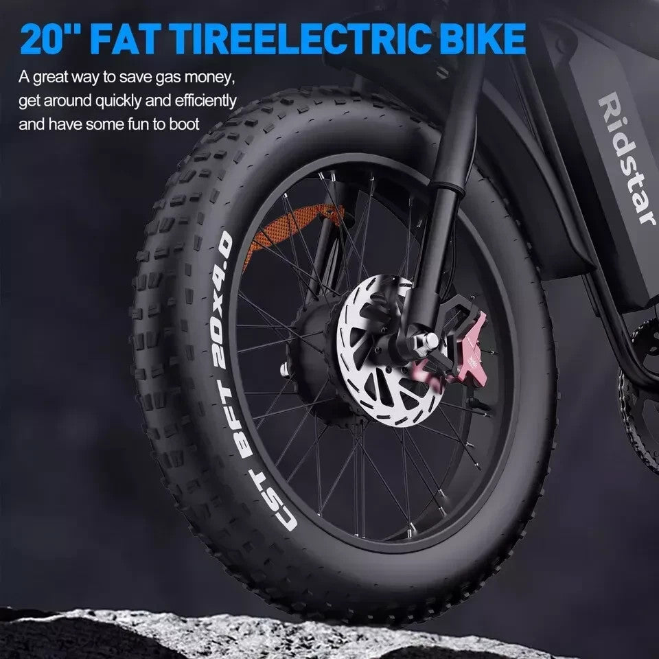 Close-up of a 20-inch fat tire on a Ridstar electric bike, showing the front wheel with a disc brake and labeled CST BFT 20x4.0. Promotional text highlights the bike’s efficiency and fun.
