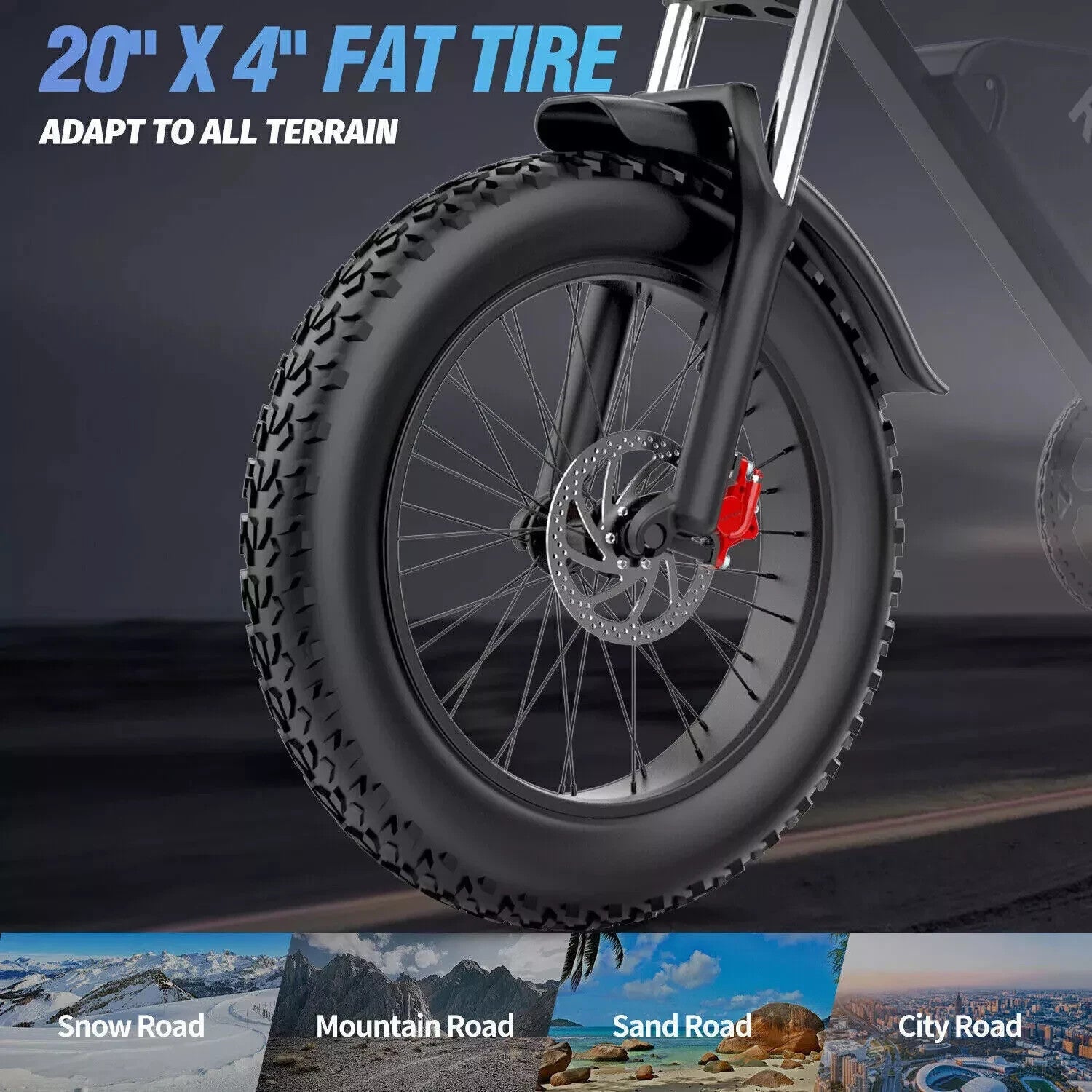 Close-up of a 20-inch by 4-inch fat bike tire with a disc brake, designed to adapt to all terrains. Text highlights suitability for snow, mountain, sand, and city roads, with related images below.