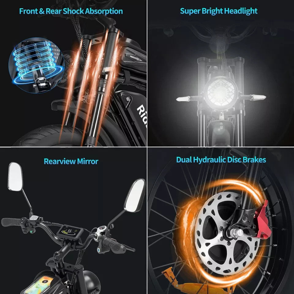 A collage highlights features of an electric bike: front and rear shock absorption, a super bright headlight, a rearview mirror, and dual hydraulic disc brakes with glowing effects.