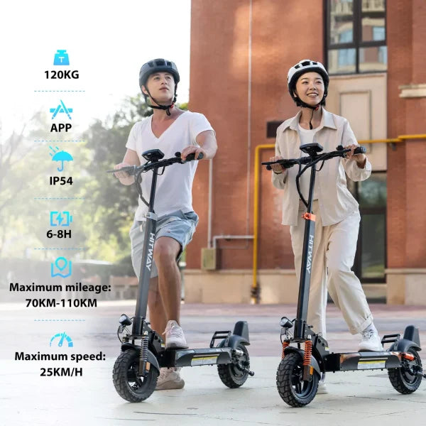 A young man and woman wearing helmets ride electric scooters outdoors. Text on the left lists specs: 120kg max load, app support, IP54 rating, 6-8h charging, 70-110km max mileage, 25km/h max speed.