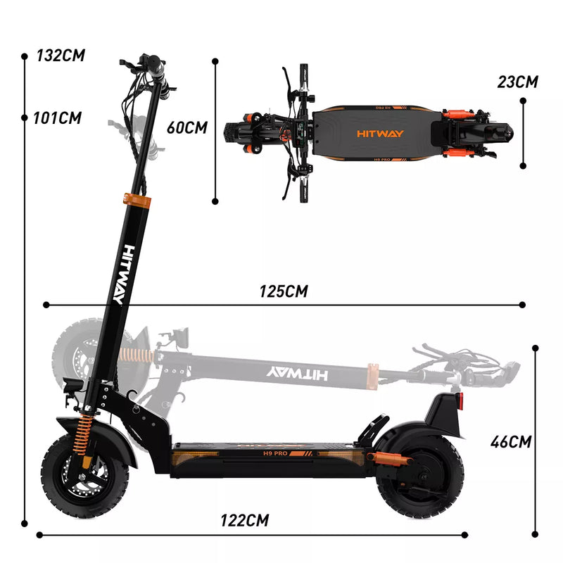 A black HITWAY electric scooter is shown from the side and top, with dimensions labeled: 132cm tall, 125cm long, 23cm wide when folded, 101cm handlebar height, 122cm base length, 60cm handlebar width, and 46cm deck height.