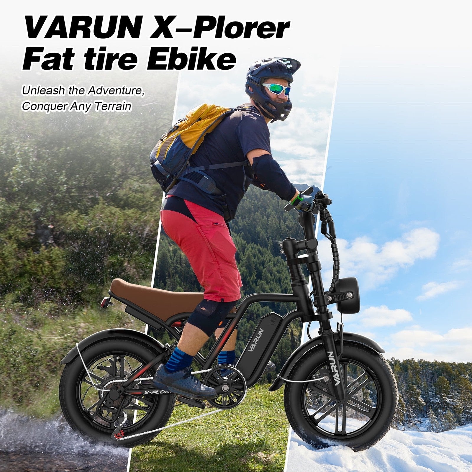 A cyclist wearing a helmet and sunglasses rides a VARUN X-Plorer fat tire e-bike, transitioning from a grassy terrain to a snowy landscape, with bold text promoting the bikes versatility and adventure.