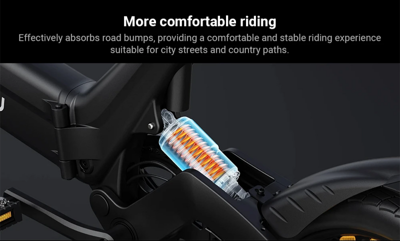 Close-up of a bikes suspension system with a highlighted coil spring, under text describing its ability to absorb road bumps for more comfortable and stable city or country rides.