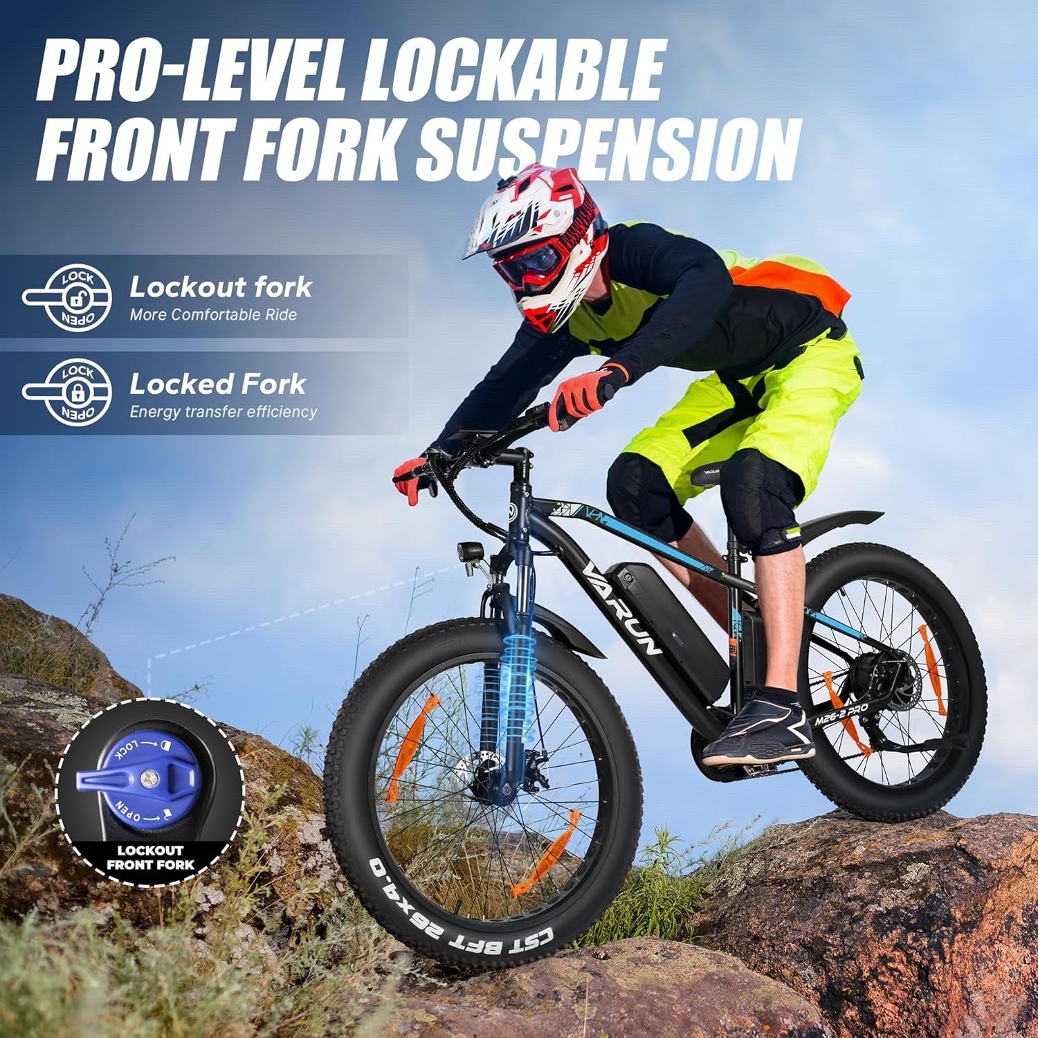 A mountain biker in neon gear rides an electric bike over rocky terrain. Text highlights the bikes pro-level lockable front fork suspension and two fork modes: Lockout for comfort and Locked for energy efficiency.