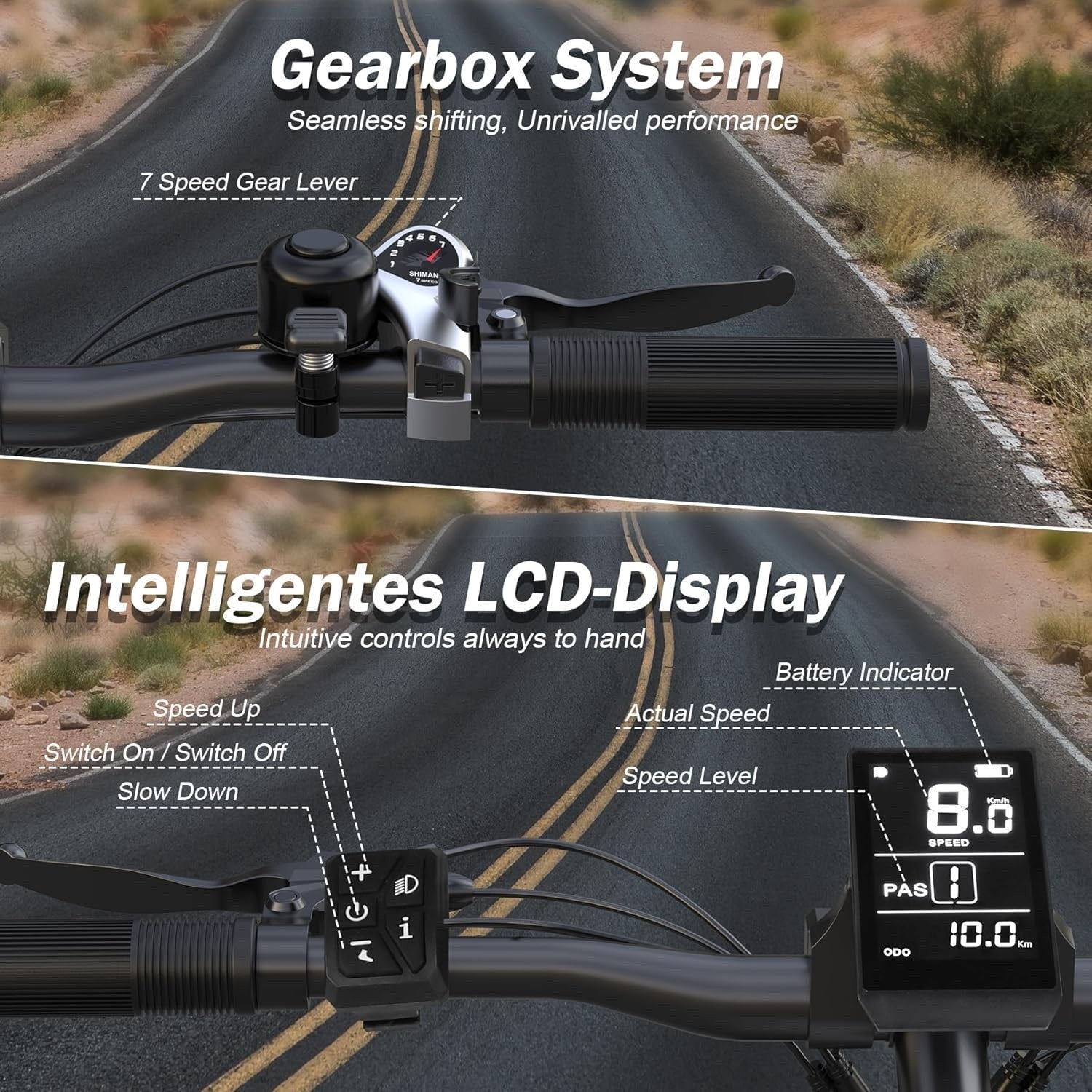 Close-up of bicycle handlebars on a road, showing a gear lever labeled 7 Speed and a digital LCD display with speed, battery, and assistance info. Arrows indicate button functions: speed up, slow down, on/off, and display details.