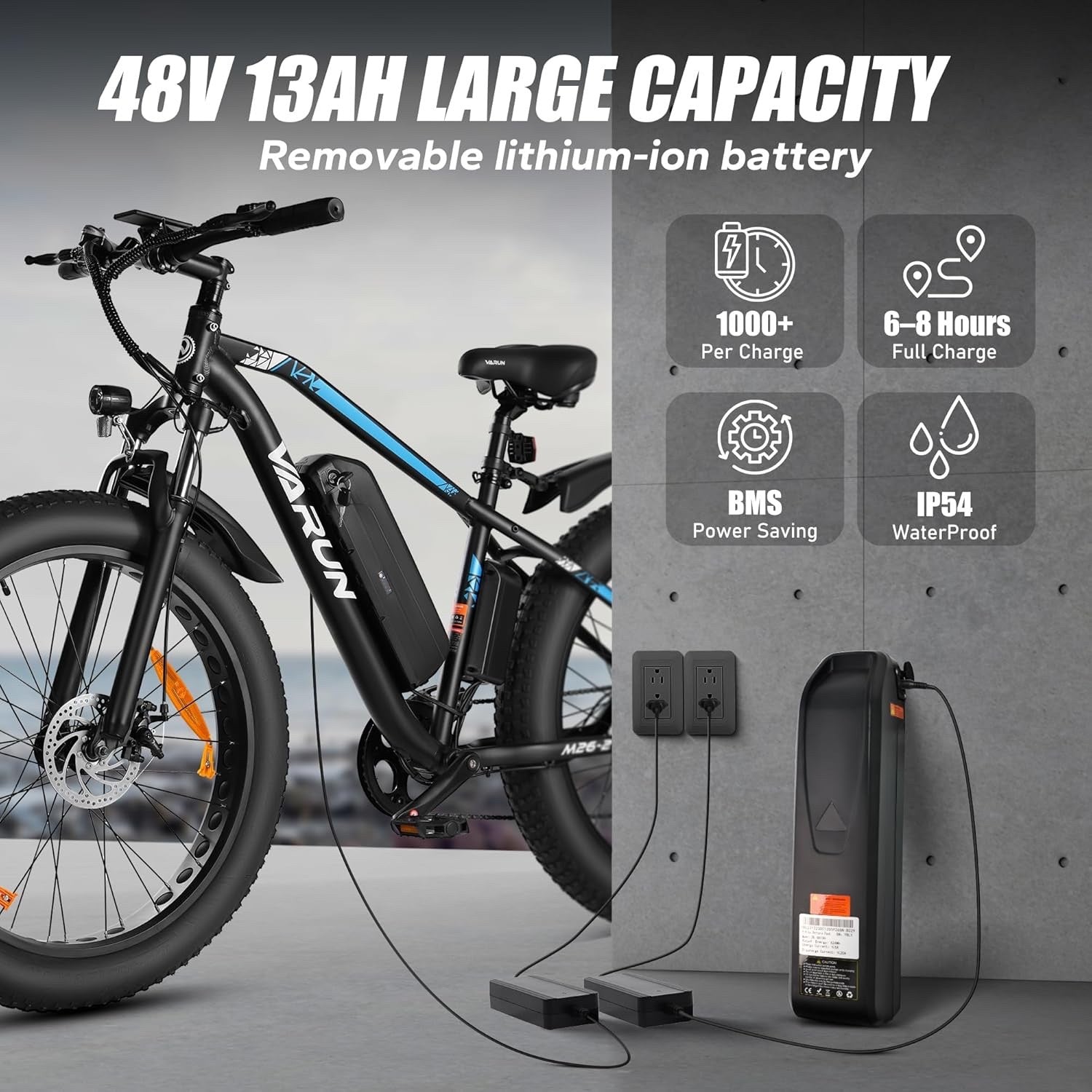 Electric bike with a 48V 13Ah removable lithium-ion battery charging indoors; features listed include 1000+ charges, 6–8 hours full charge, BMS for power saving, and IP54 waterproof rating.