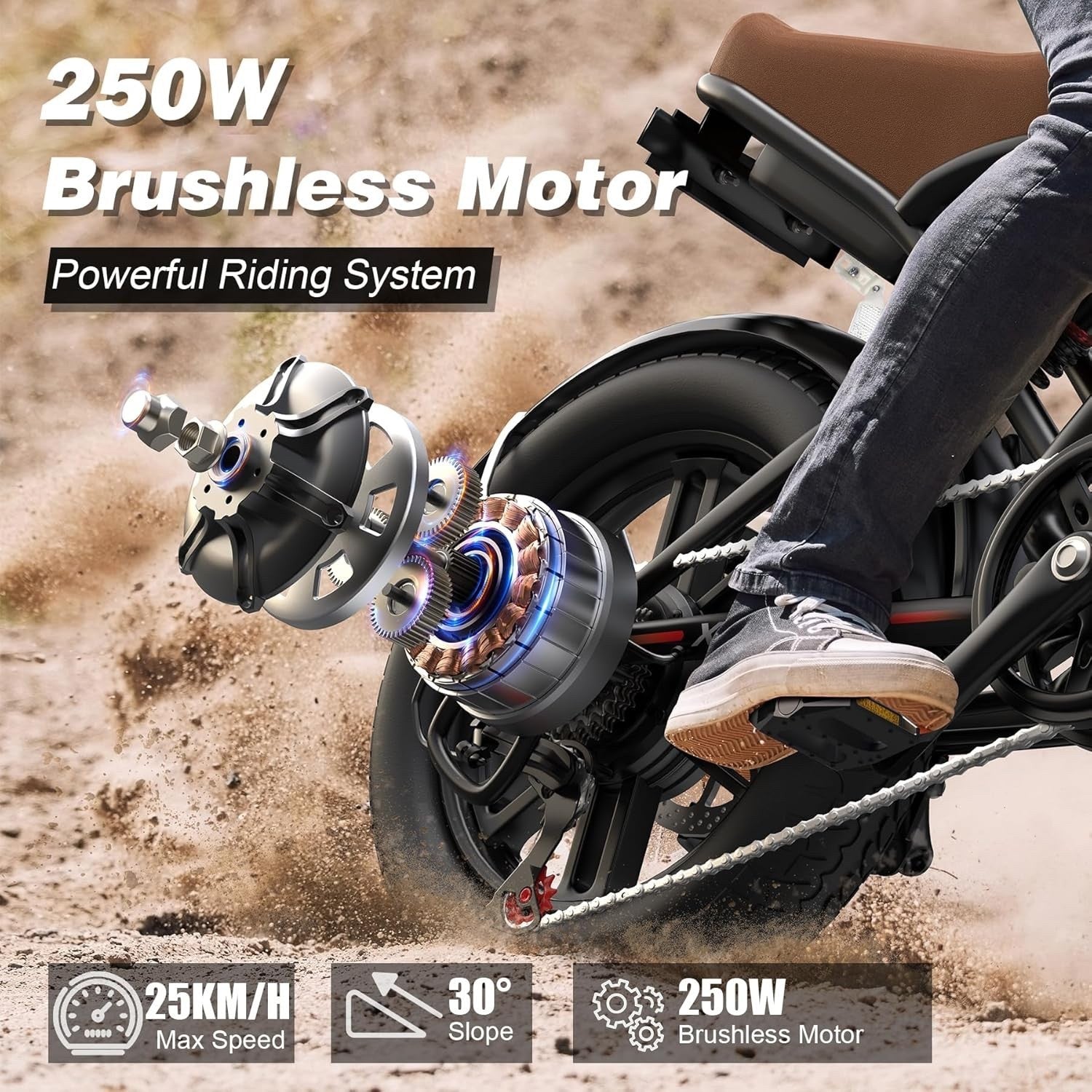 A close-up of an electric bikes rear wheel showcases a 250W brushless motor, with technical graphics illustrating its inner components. Text highlights features: 25 km/h max speed, 30° slope, and powerful riding system.