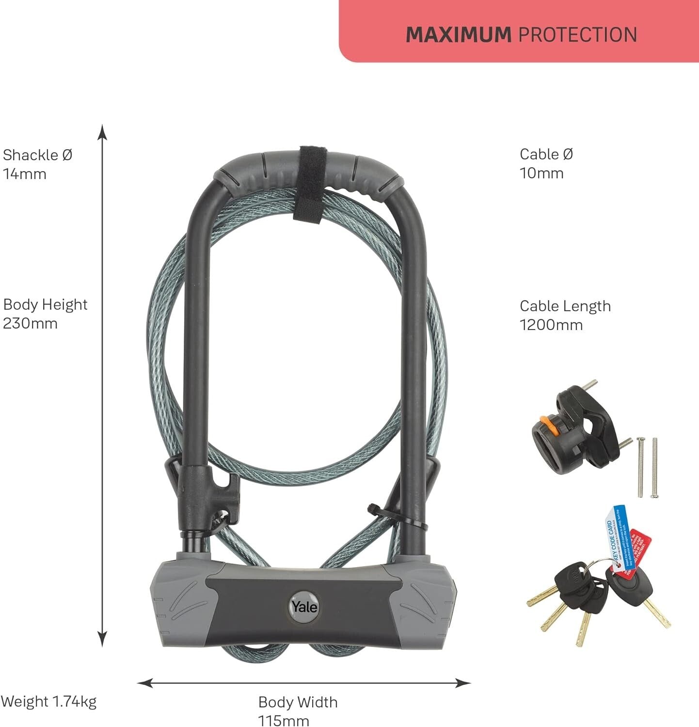 Yale Maximum Security U Bike Lock with Cable (Sold Secure Diamond) 2