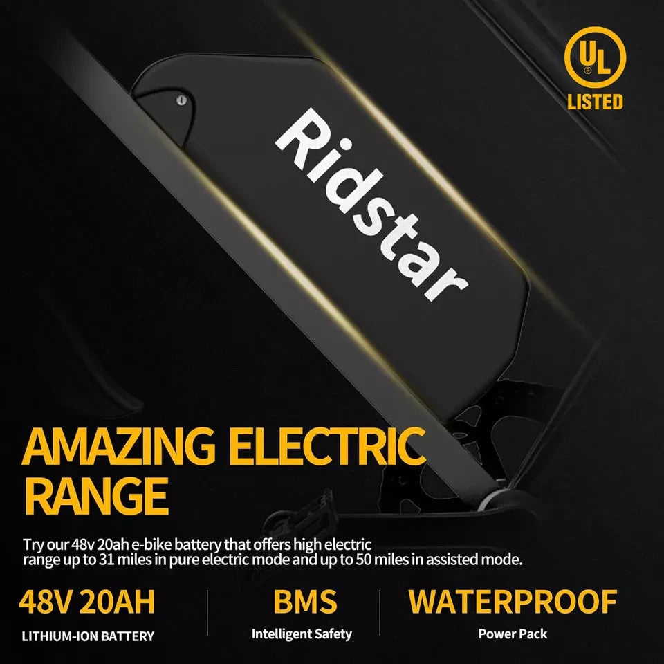 Close-up of a Ridstar 48V 20Ah lithium-ion e-bike battery with text highlighting features: amazing electric range, BMS intelligent safety, waterproof, and UL Listed certification.