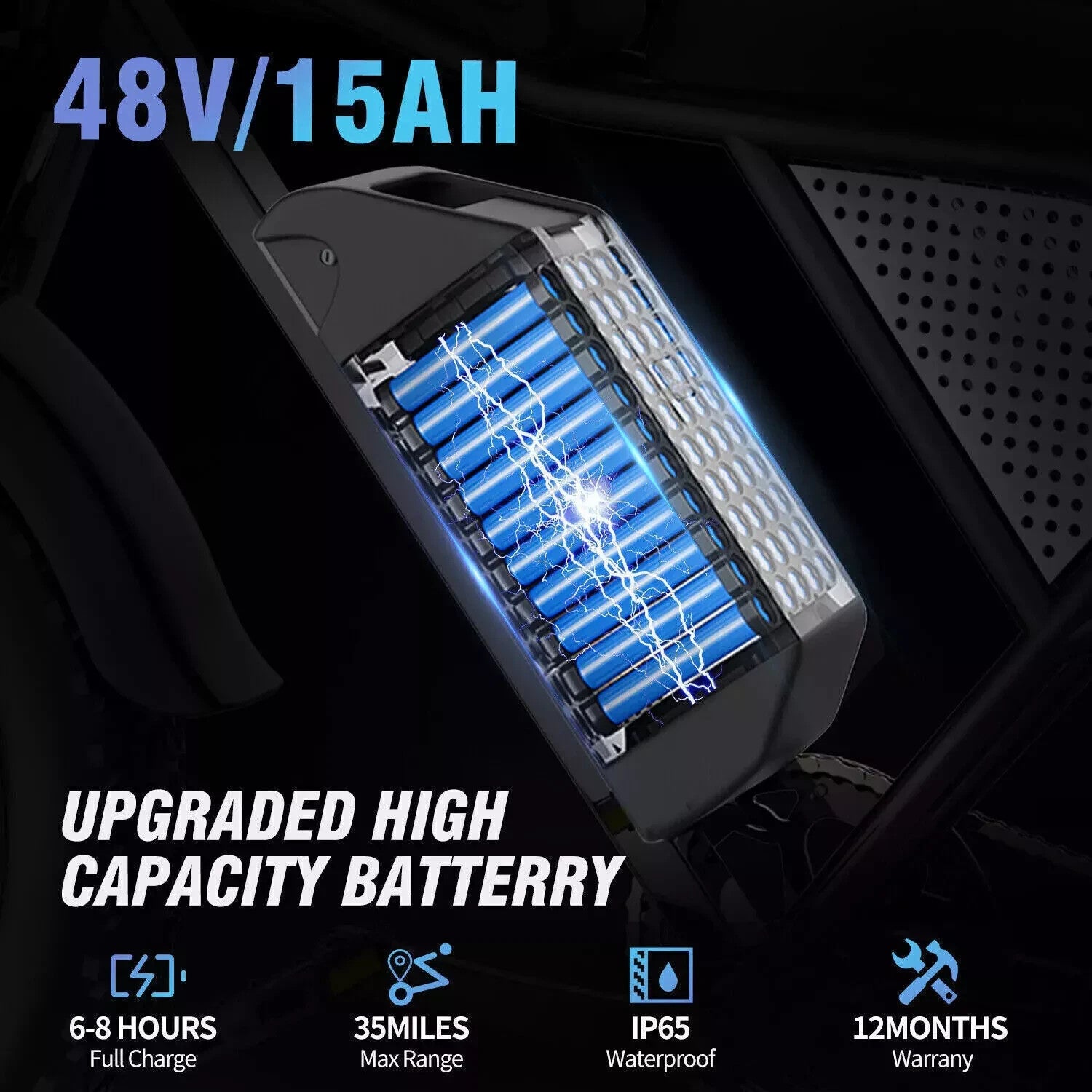 A 48V/15AH upgraded high-capacity battery is shown with blue cells and electric sparks. Key features displayed: 6-8 hours full charge, 35 miles max range, IP65 waterproof, and 12 months warranty.