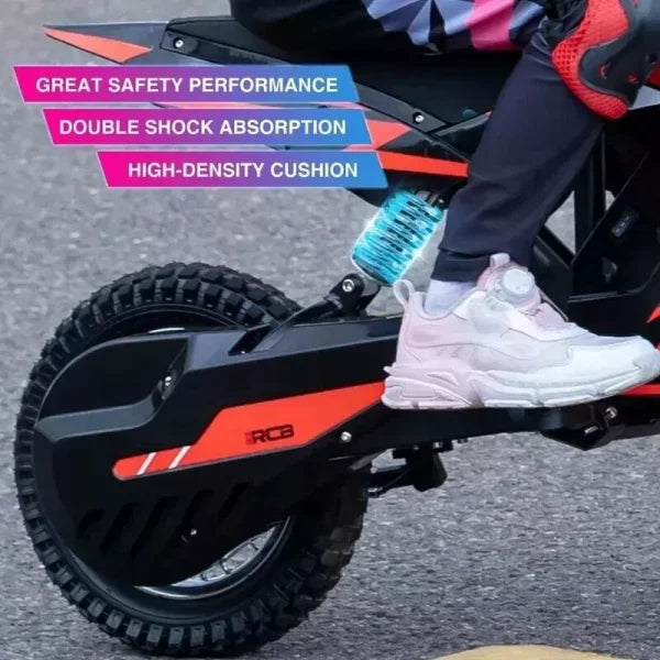 Close-up of a person riding a black and orange bicycle or electric bike. Text on the image highlights Great Safety Performance, Double Shock Absorption, and High-Density Cushion.