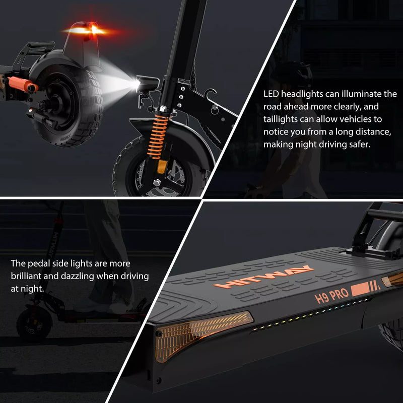 A collage shows the HIWAY H9 PRO electric scooter’s LED headlights, taillights, and pedal side lights, highlighting enhanced visibility and safety features for night driving.