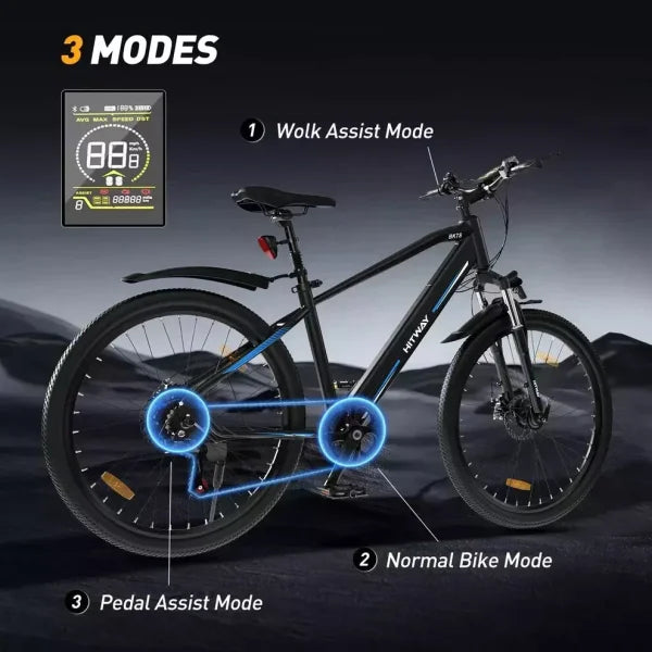 A black hybrid bicycle is shown on a dark, wavy background with three highlighted modes: Wolk Assist Mode, Pedal Assist Mode, and Normal Bike Mode. An LCD display is shown in the top left corner.