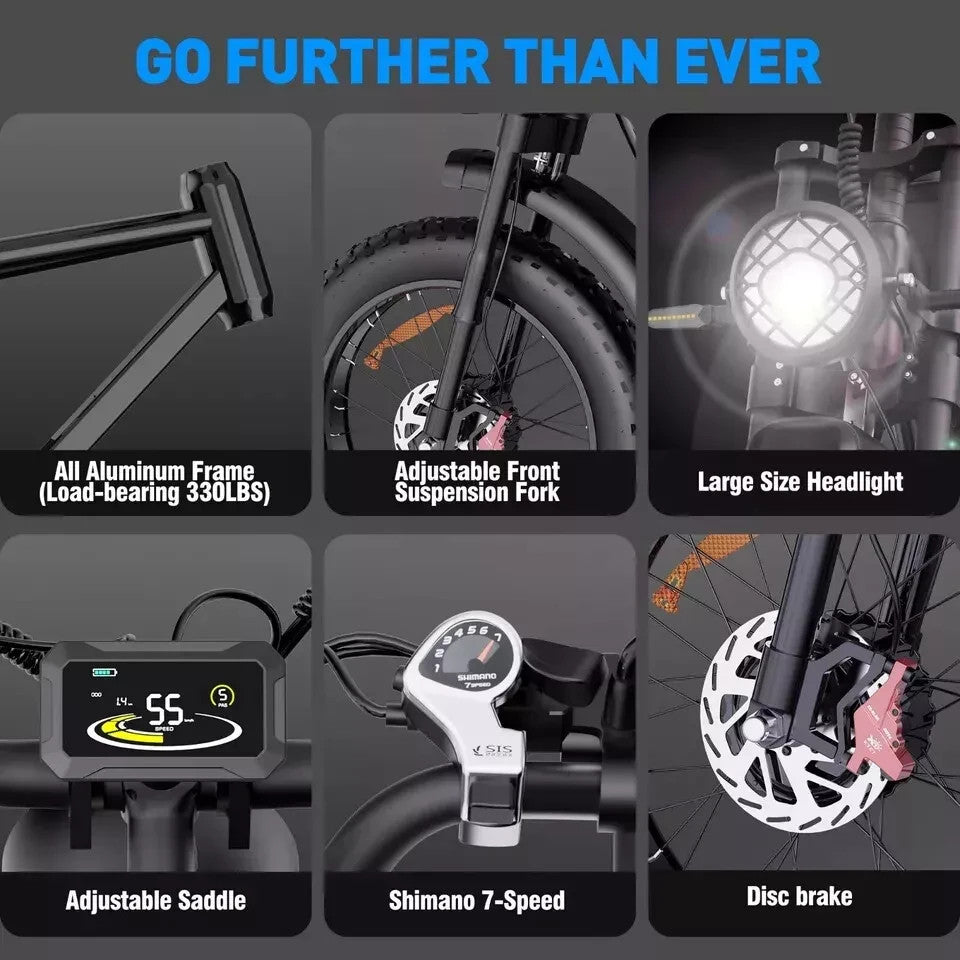 A promotional graphic for a bicycle features six panels highlighting key features: aluminum frame, front suspension fork, large headlight, digital display, adjustable saddle, Shimano 7-speed shifter, and disc brake.