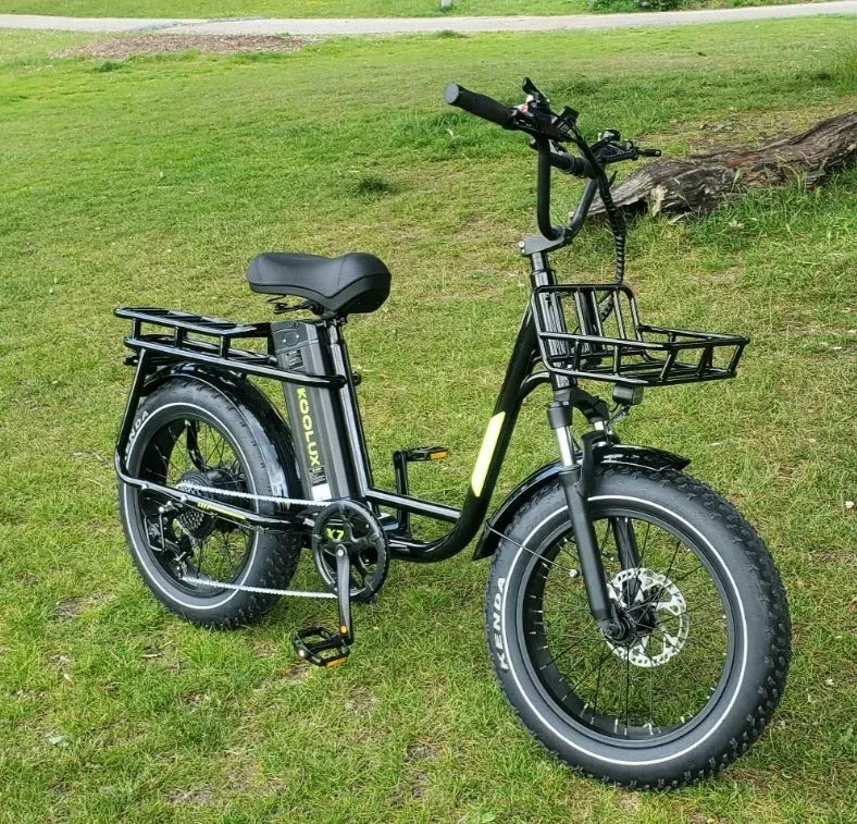A black electric bicycle with a front basket and rear cargo rack is parked on grass near a tree and path in a park. The bike has thick tires and Koolertron branding on the frame.
