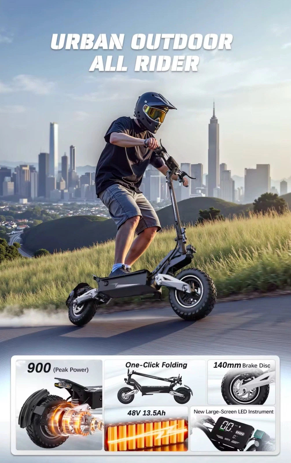 A person in a helmet rides an electric scooter downhill with a city skyline in the background. Inset images highlight features like peak power, folding mechanism, brake disc, battery, and LED display.