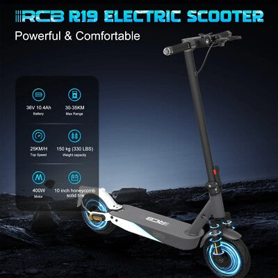 An RCB R19 electric scooter is displayed on a dark background with blue accents. Text highlights its features: 36V 10.4Ah battery, 30–35km range, 25km/h top speed, 150kg max load, 400W motor, and 10-inch honeycomb wheels.