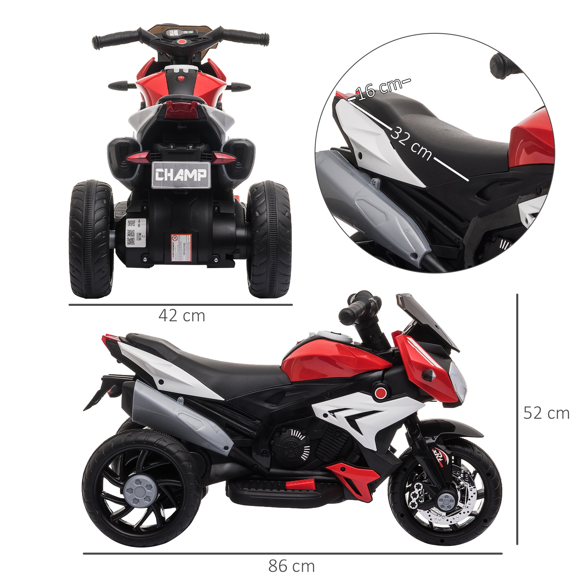 HOMCOM Kids Three-Wheel Electric Motorbike - Black