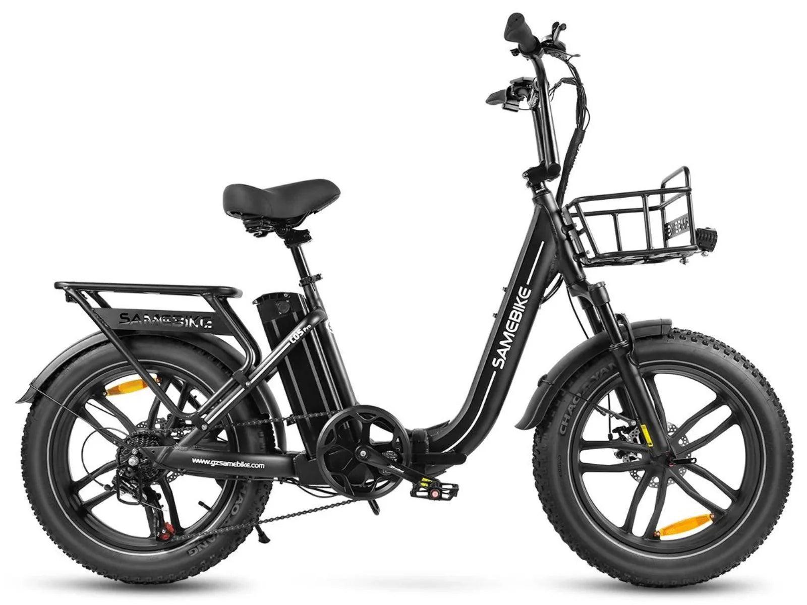 The Samebike C05 Pro Fat Tyre Electric Bike features a 250W brushless motor, step-through frame, comfy seat, pedals, rear cargo rack, and front basket—ideal for city rides with its black design and thick tires.