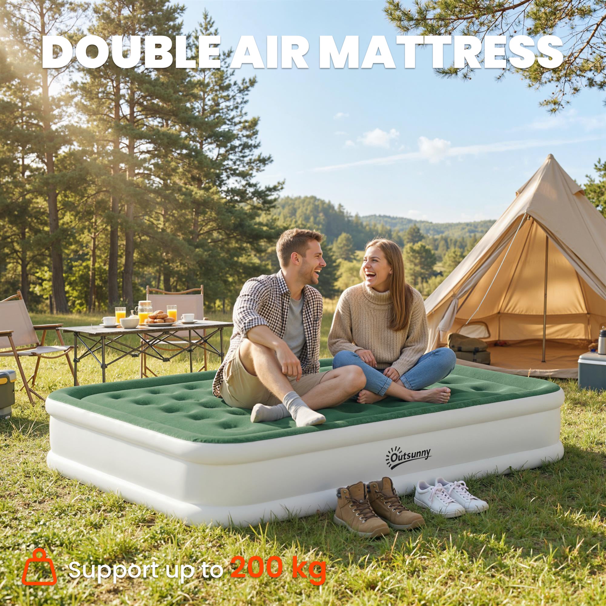 Outsunny Inflatable Mattress, Double Air Bed with Built-in Electric Pump, 3 Mins Inflation, Flocked Surface - Dark Green