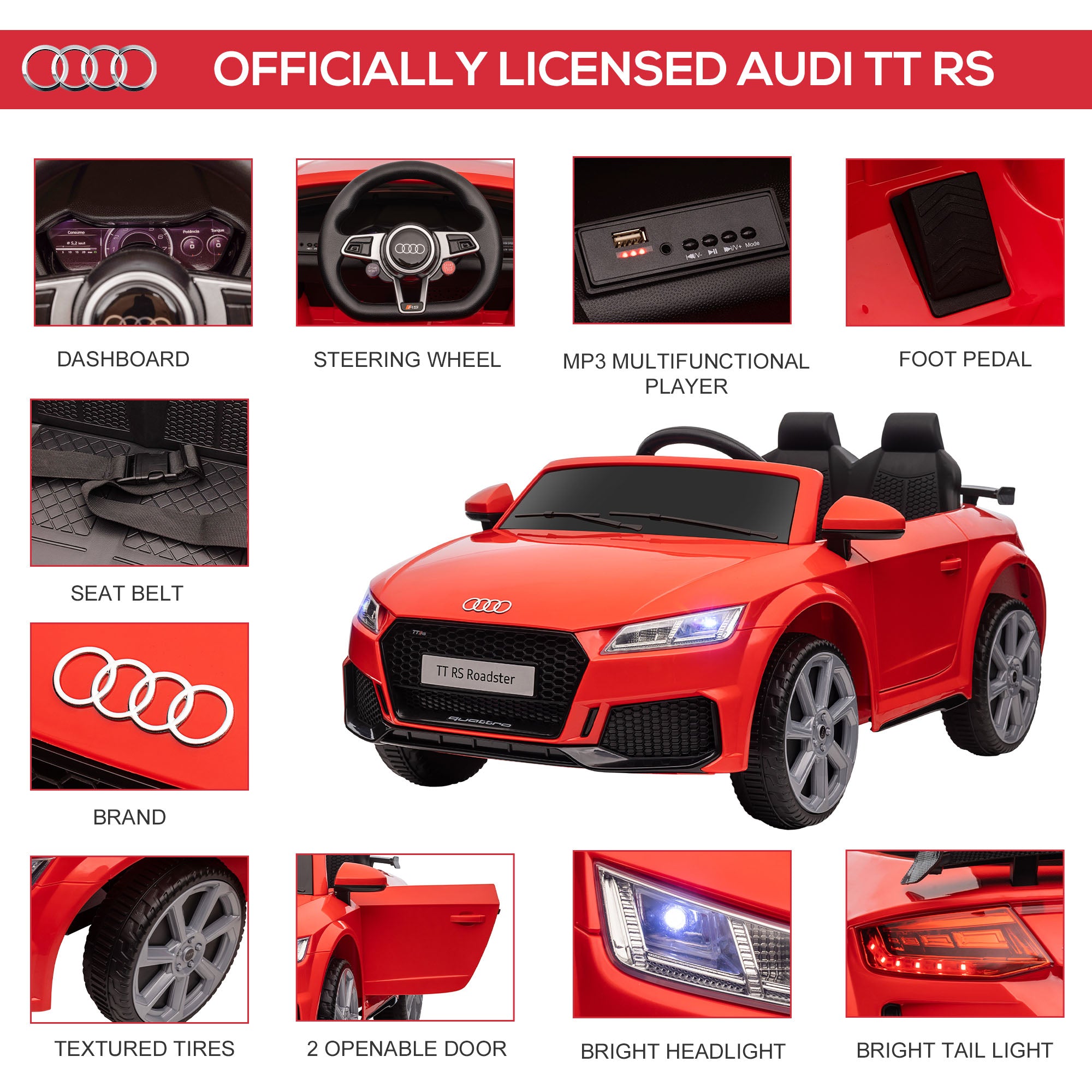 HOMCOM Audi TT / TT RS 12V Kids Ride-On Car - Red