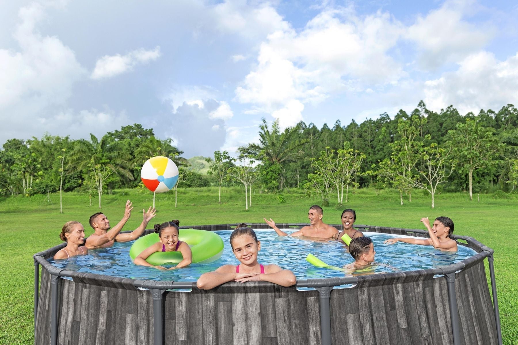 Bestway Steel Pro Max 14ft x 42in Wood Print Pool - family in garden pool