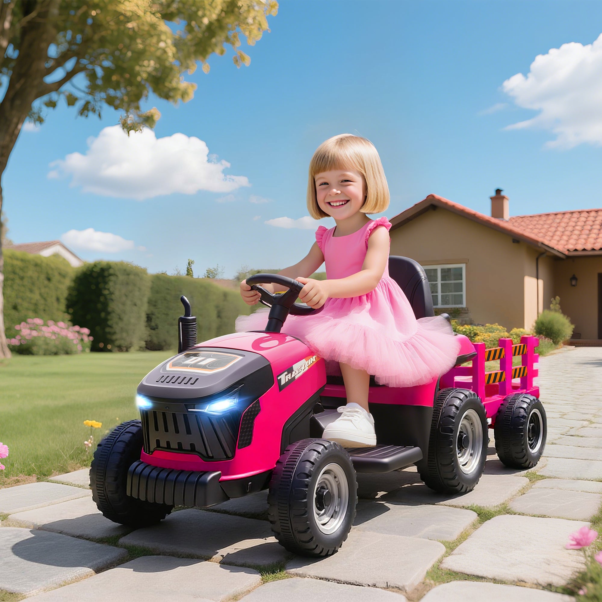 AIYAPLAY 12V Kids Ride-On Tractor with Trailer