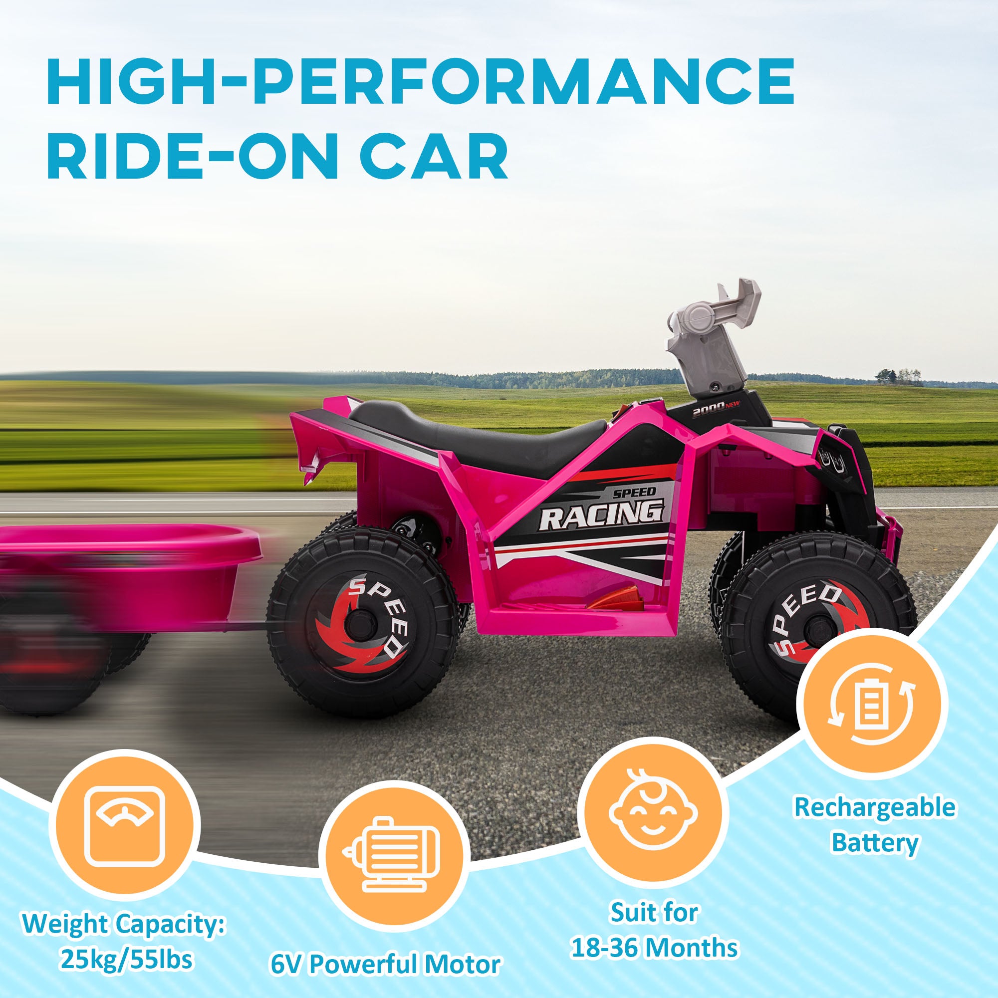 HOMCOM 6V Kids Quad Bike with Trailer - Blue