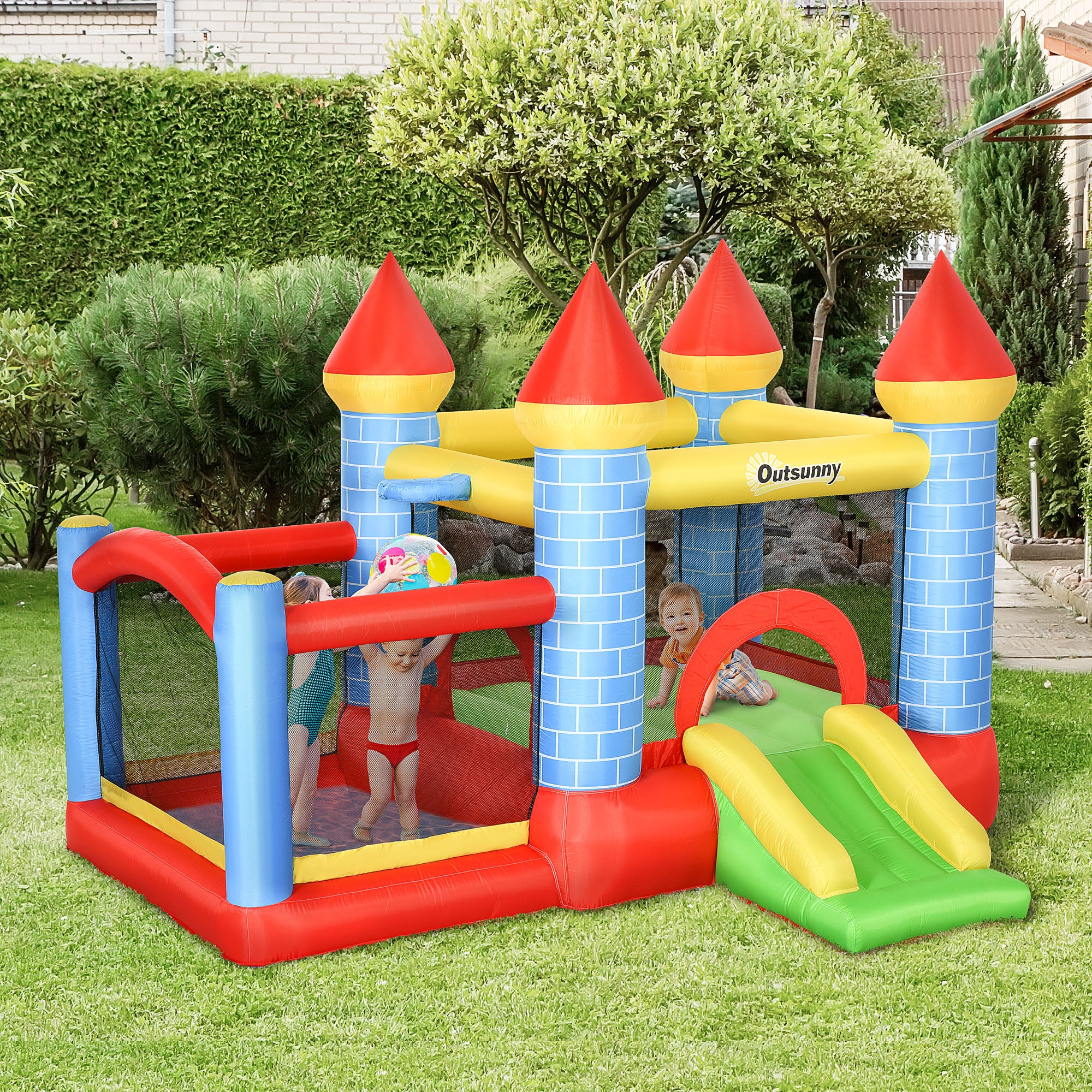 Outsunny Kids Bouncy Castle with Pool & Basket