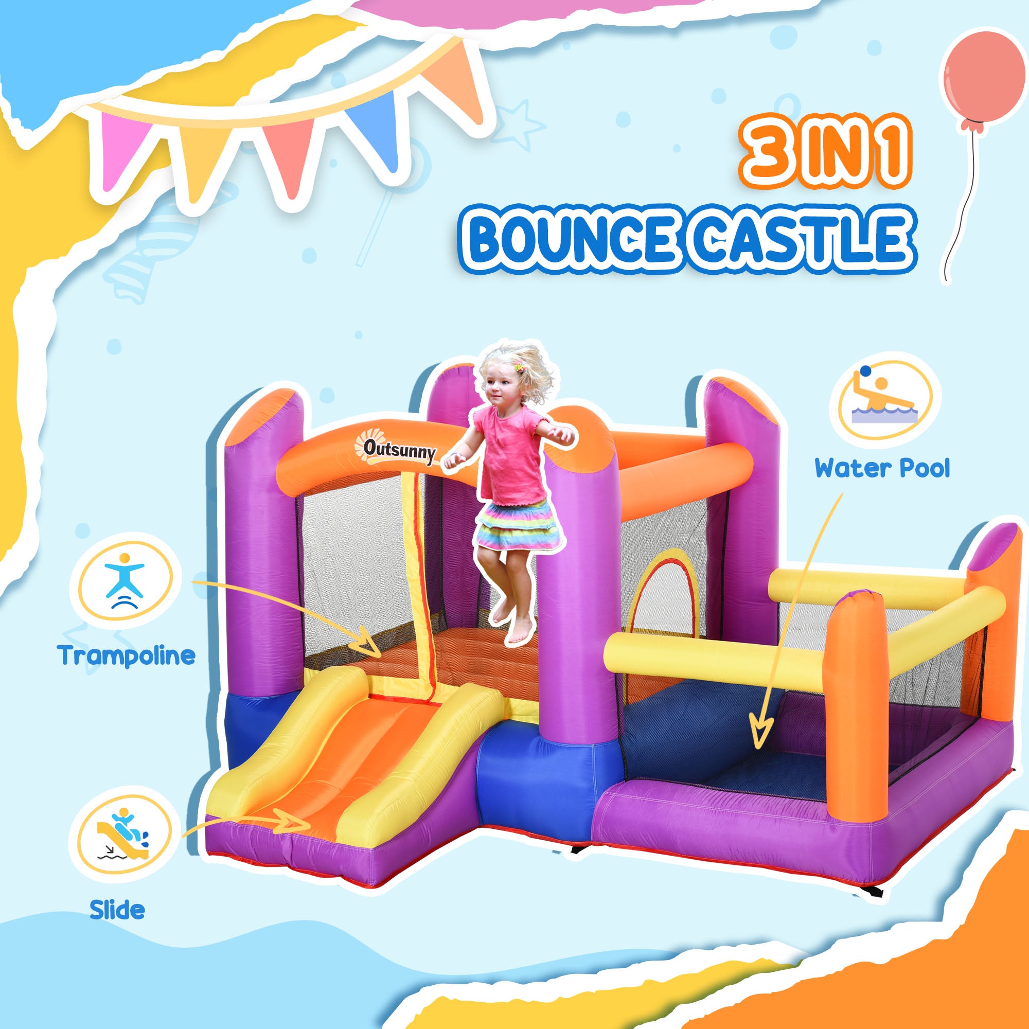 Outsunny 3-in-1 Kids Bouncy Castle with Pool