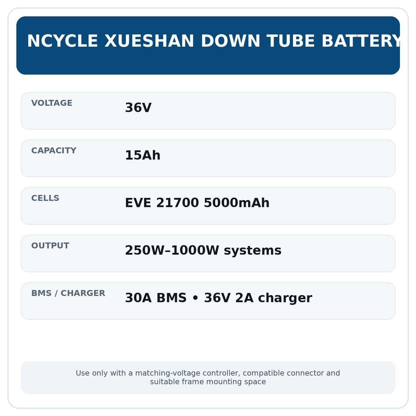 Ncycle Xueshan 36V 15Ah battery specifications