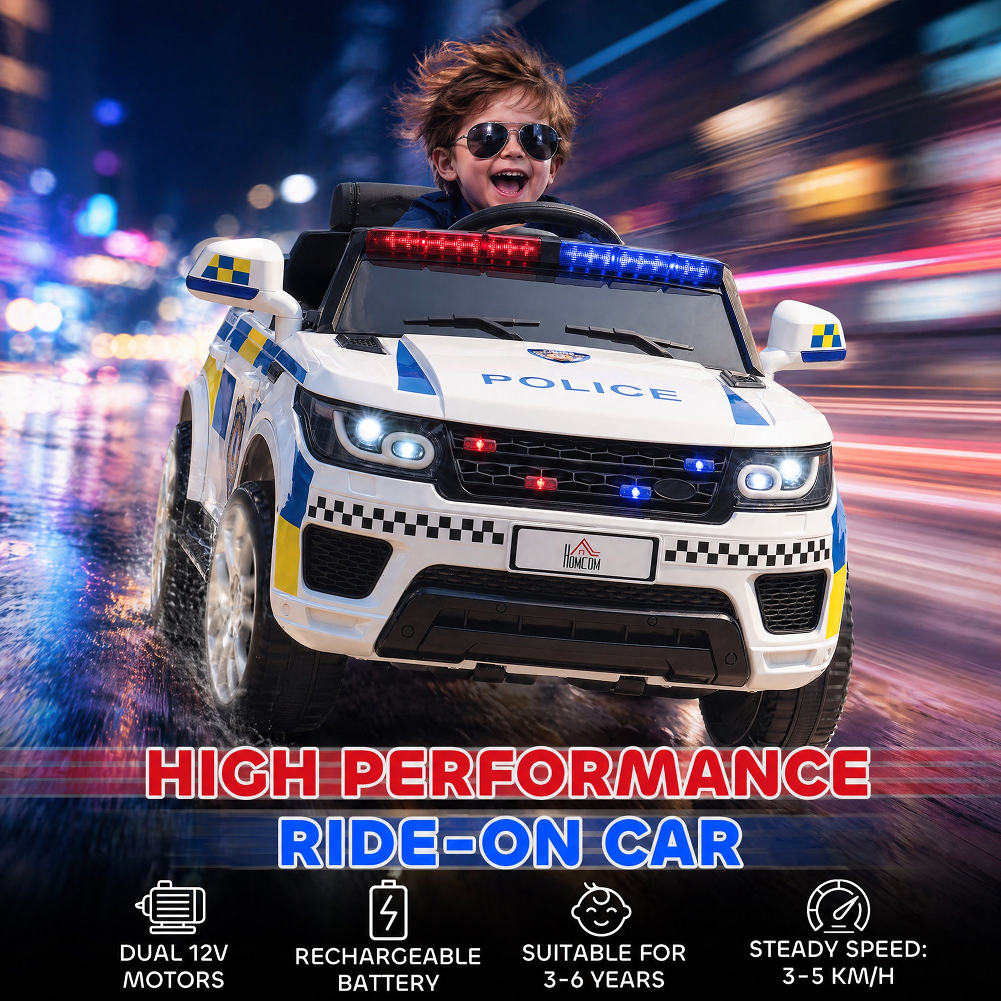 HOMCOM 12V Kids Electric Police Car with Remote